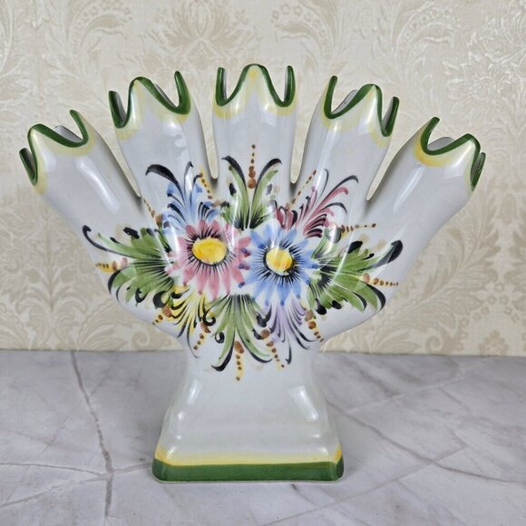 Vintage 5 Finger Tulip Vase Hand Painted Florals on Both Sides Made in Portugal - Picture 1 of 11